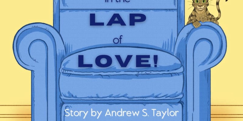 A blue chair hosts a pair of cartoon cats with text Sitting in the Lap of Love!