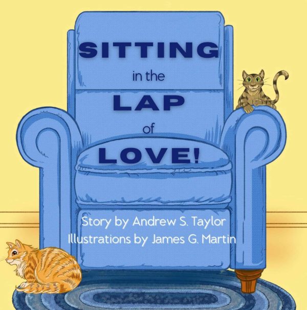 A blue chair hosts a pair of cartoon cats with text Sitting in the Lap of Love!